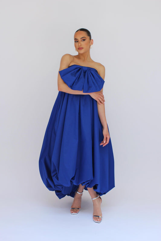 Ruched bubble hem strapless bow taffeta high low dress with pockets