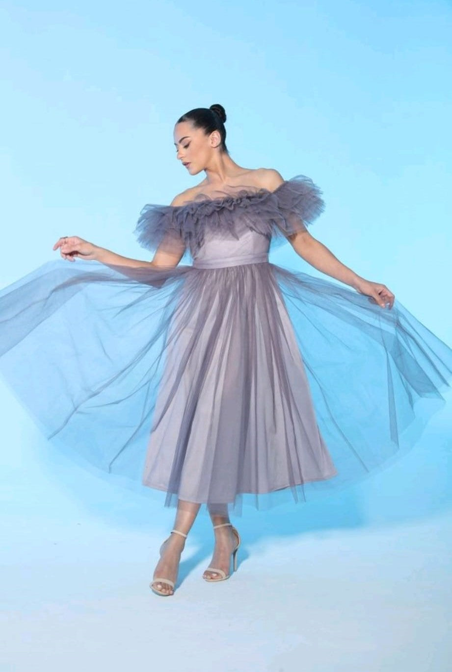 Elizabeth off the shoulder tulle midi dress XLARGE / DARK GREY Elizabeth off the shoulder tulle midi dress XLARGE / DARK GREY
