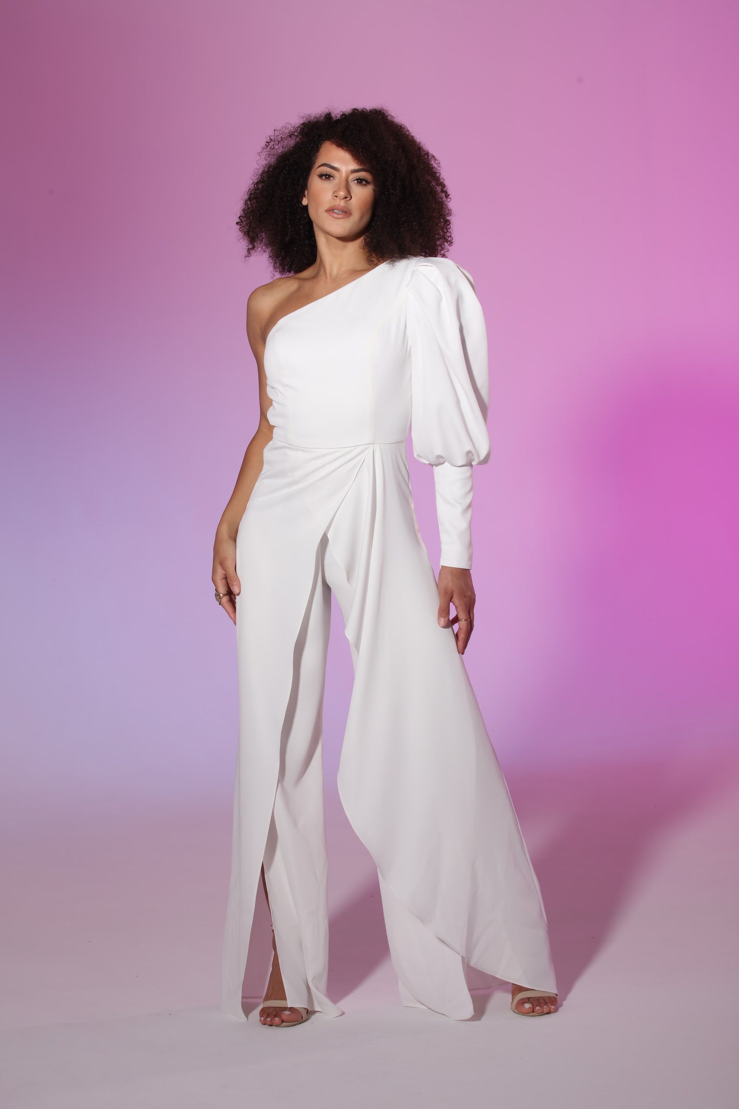 One sided shoulder cascading jumpsuit