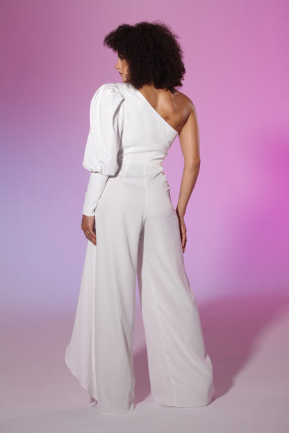 One sided shoulder cascading jumpsuit