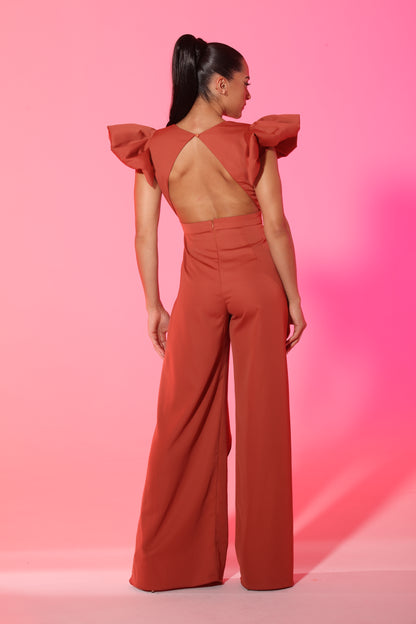 Bell sleeve V front open back cascading leg jumpsuit