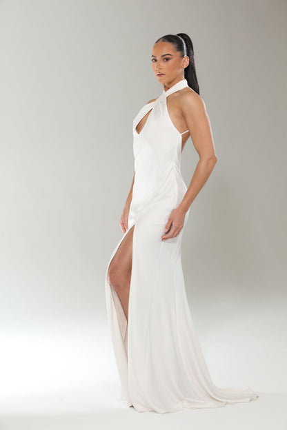 Halter keyhole cross front open back slit maxi dress