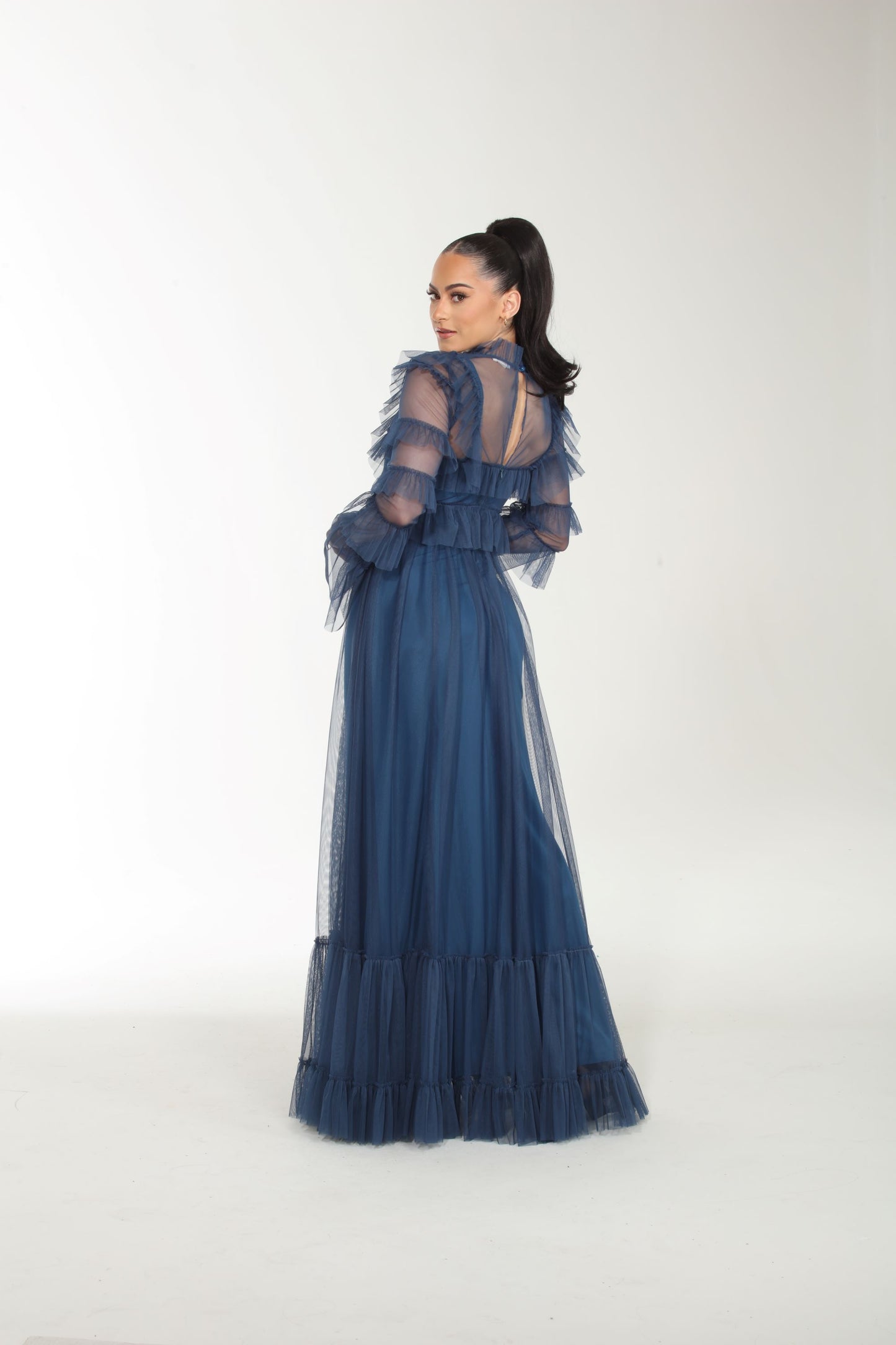 Elevated Elegance long sleeve tulle tiered gown