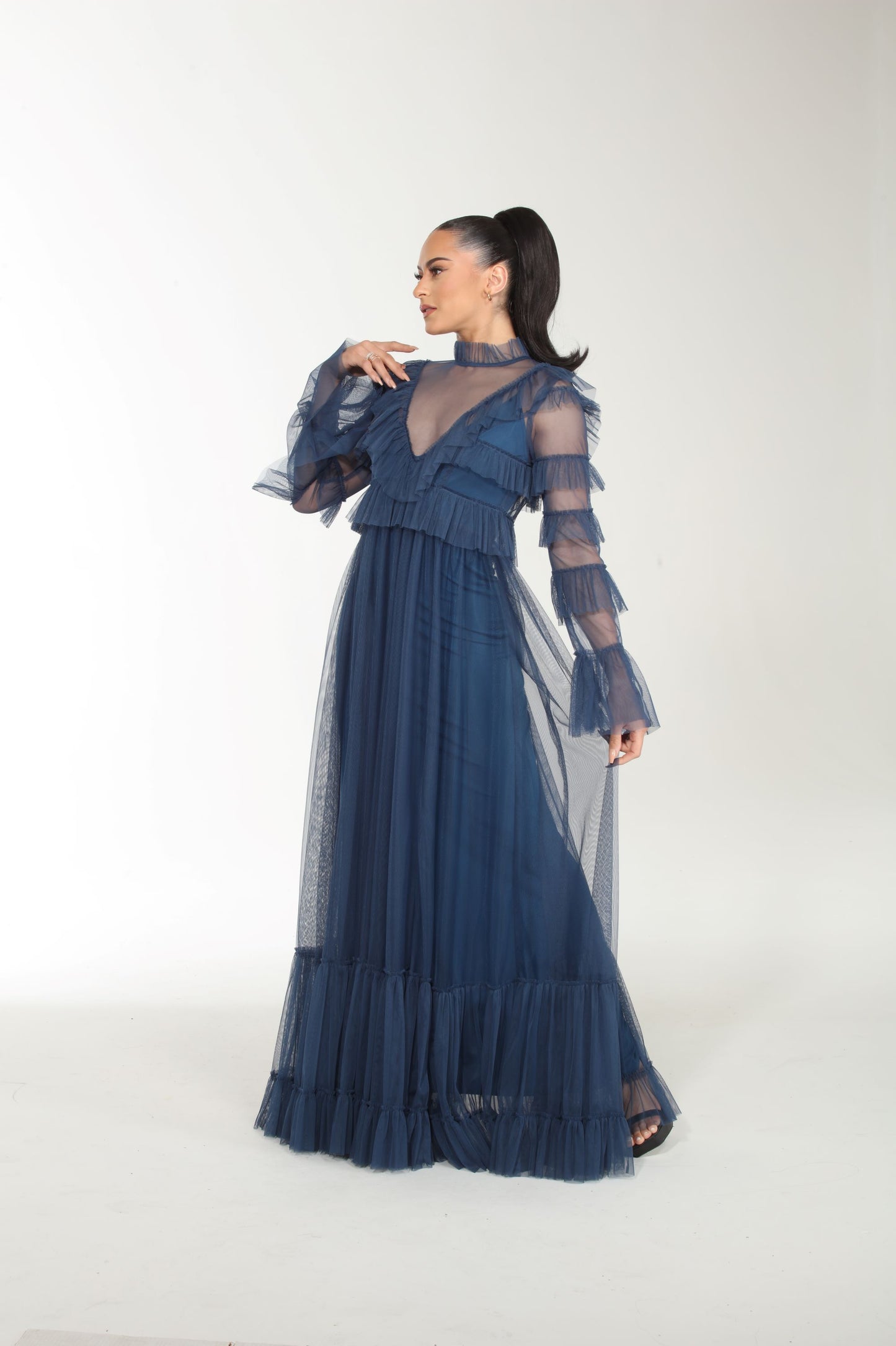 Elevated Elegance long sleeve tulle tiered gown