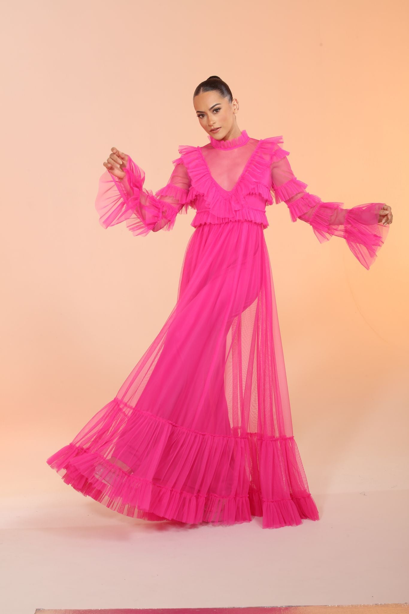 Elevated Elegance long sleeve tulle tiered gown