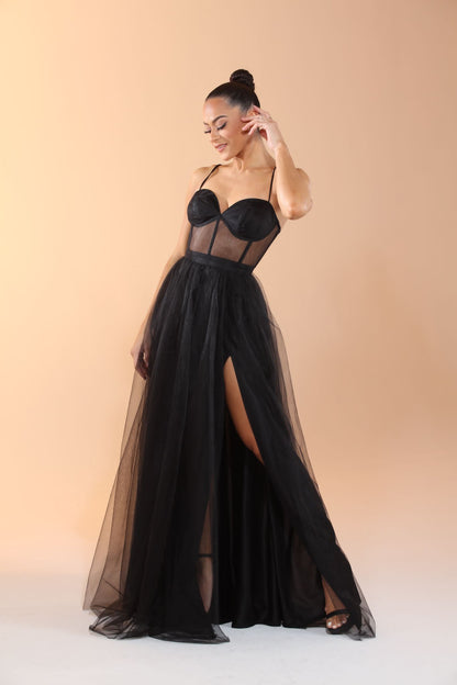 Corset adjustable strap high slit tulle dress Black / LARGE