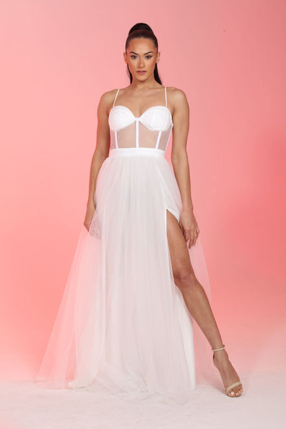 Corset adjustable strap high slit tulle dress