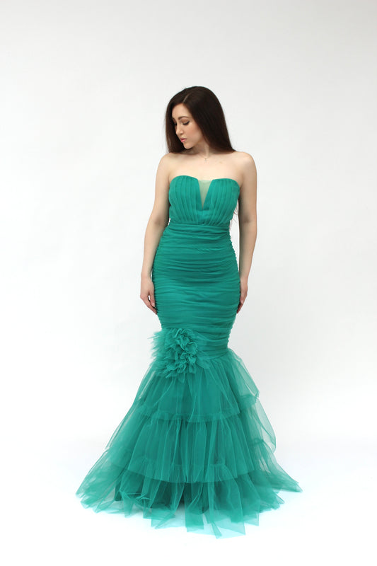 Strapless tulle layered flower detail mermaid gown