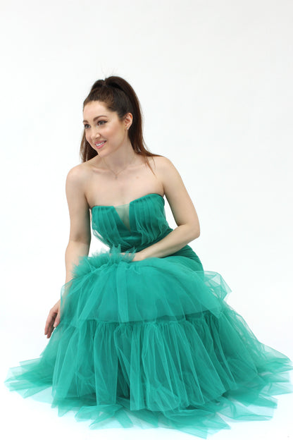 Strapless tulle layered flower detail mermaid gown