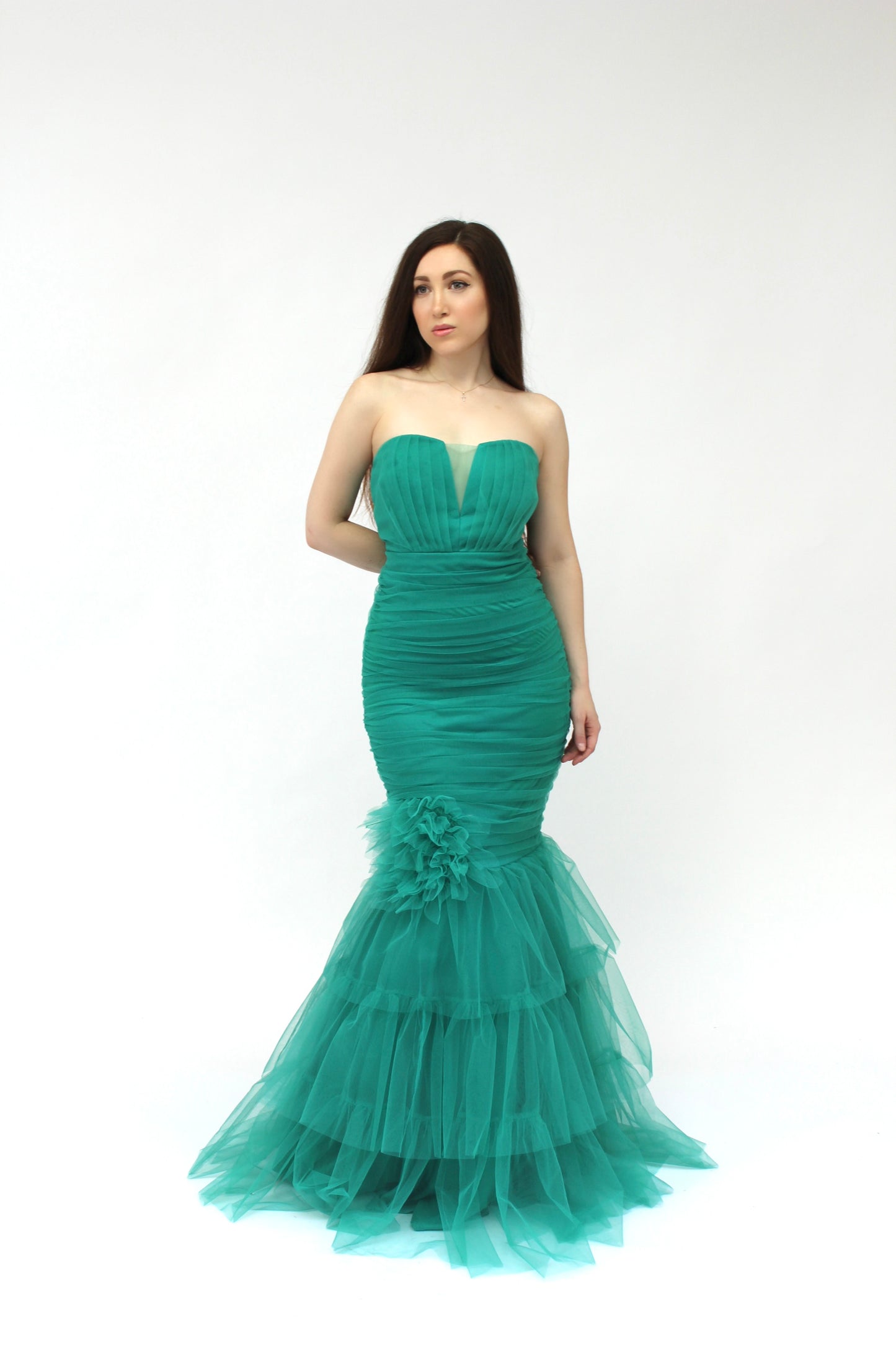 Strapless tulle layered flower detail mermaid gown