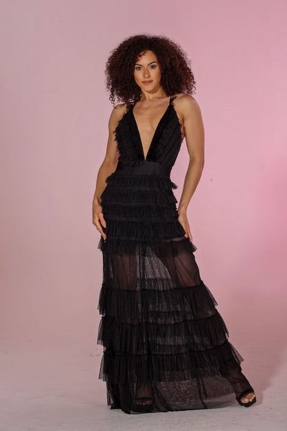 *Pre-Order Annabeth spaghetti strap cross back long tiered tulle dress