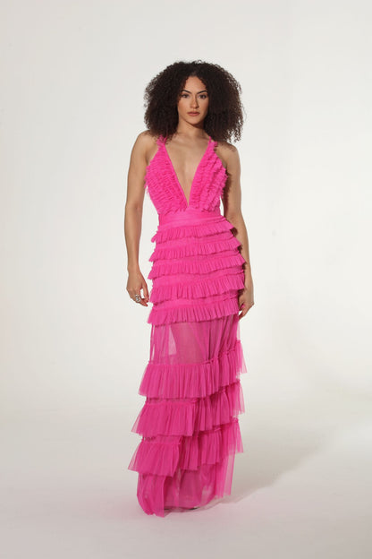 *Pre-Order Annabeth spaghetti strap cross back long tiered tulle dress