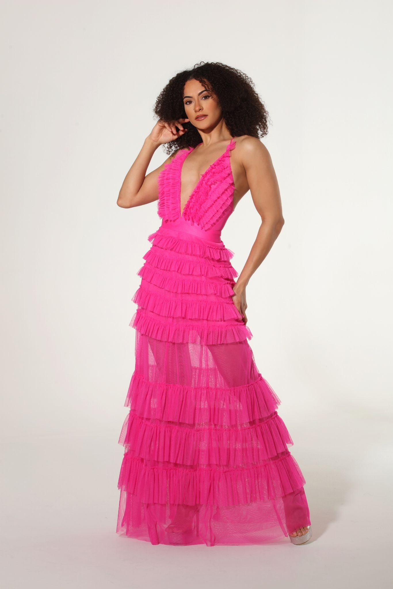 *Pre-Order Annabeth spaghetti strap cross back long tiered tulle dress