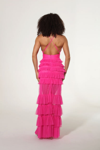 *Pre-Order Annabeth spaghetti strap cross back long tiered tulle dress