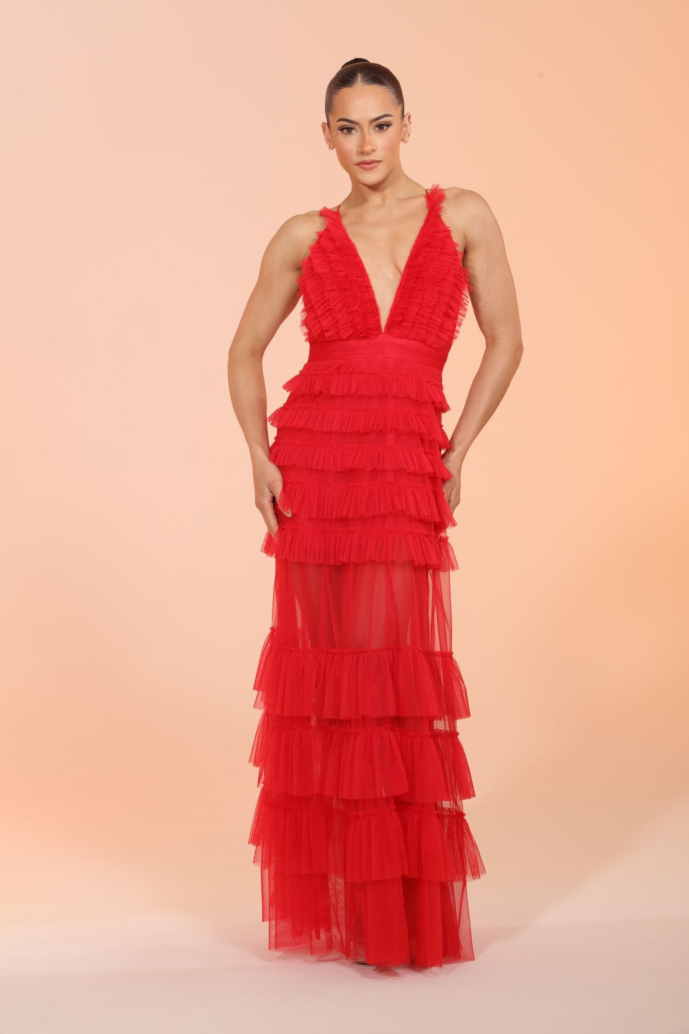 *Pre-Order Annabeth spaghetti strap cross back long tiered tulle dress