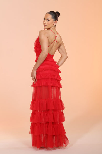 *Pre-Order Annabeth spaghetti strap cross back long tiered tulle dress