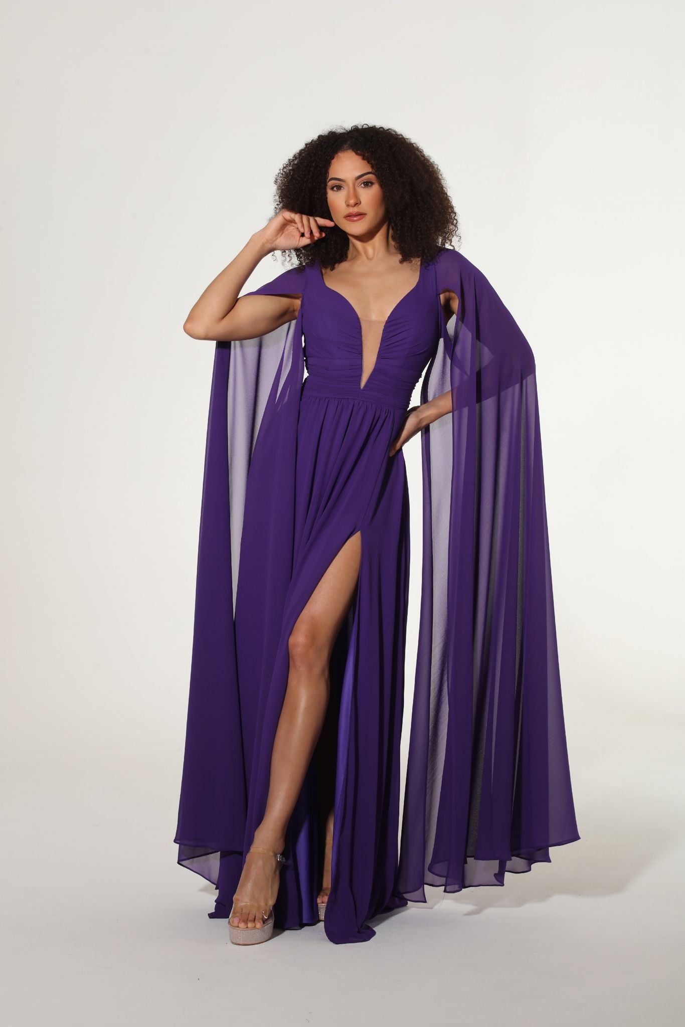 Flying Sleeve Chiffon Mesh Insert Side Slit Maxi Dress Large / Purple Flying Sleeve Chiffon Mesh Insert Side Slit Maxi Dress Large / Purple