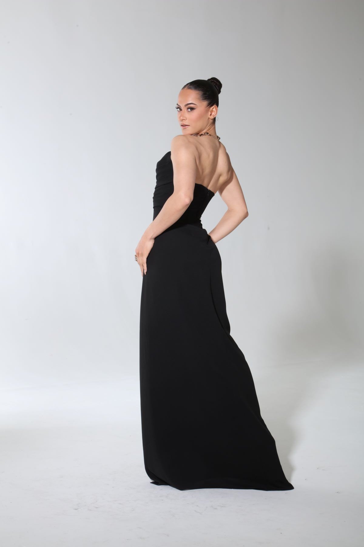 Strapless sweetheart cowl front high side slit maxi dress