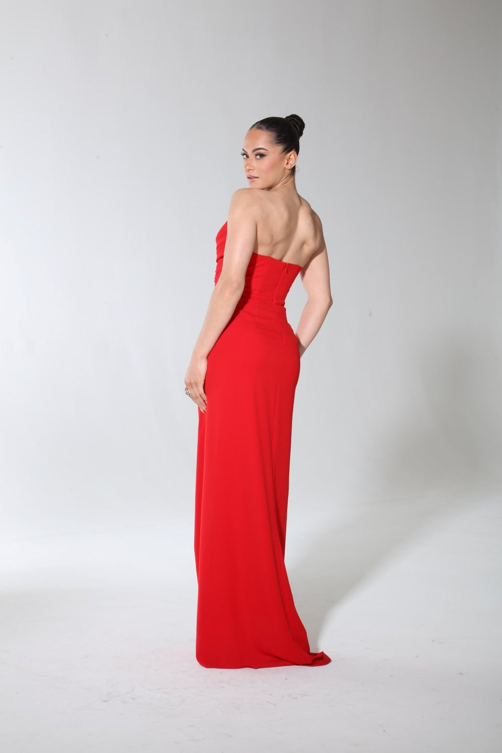 Strapless sweetheart cowl front high side slit maxi dress