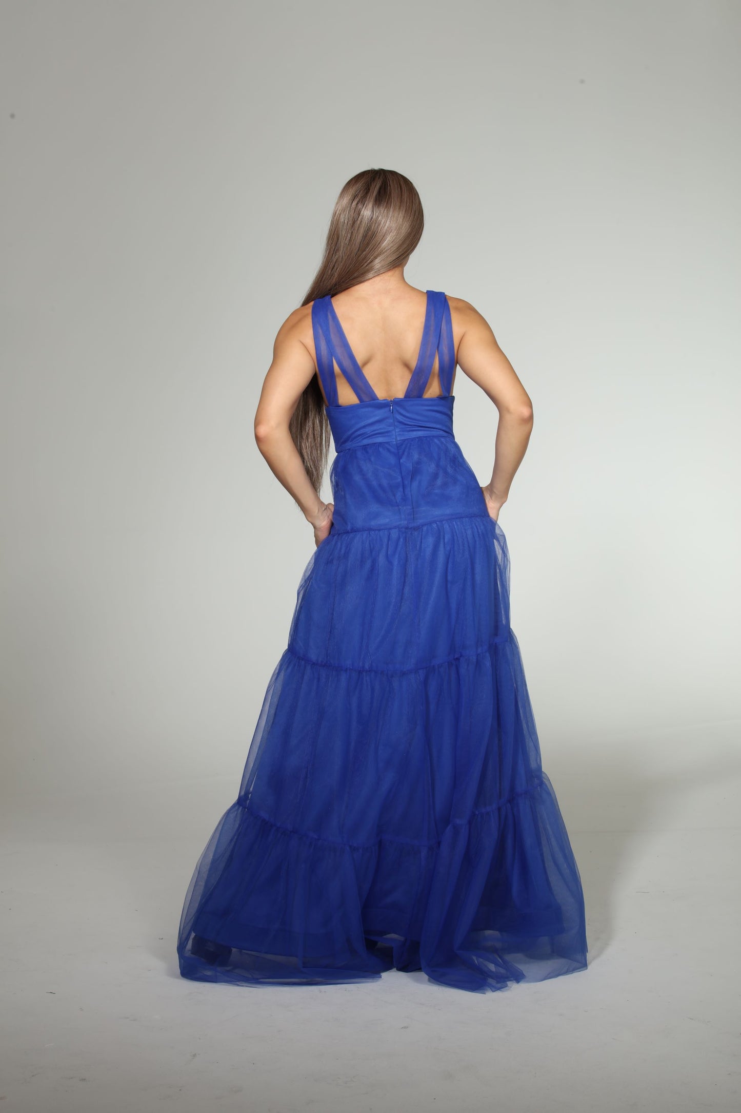 Bliss plunging V cut-out back tulle tiered gown
