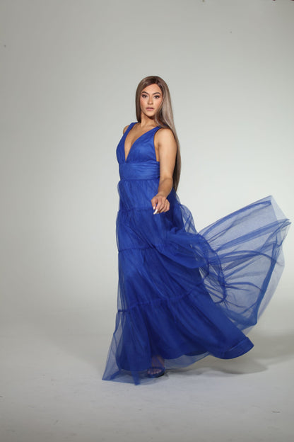 Bliss plunging V cut-out back tulle tiered gown