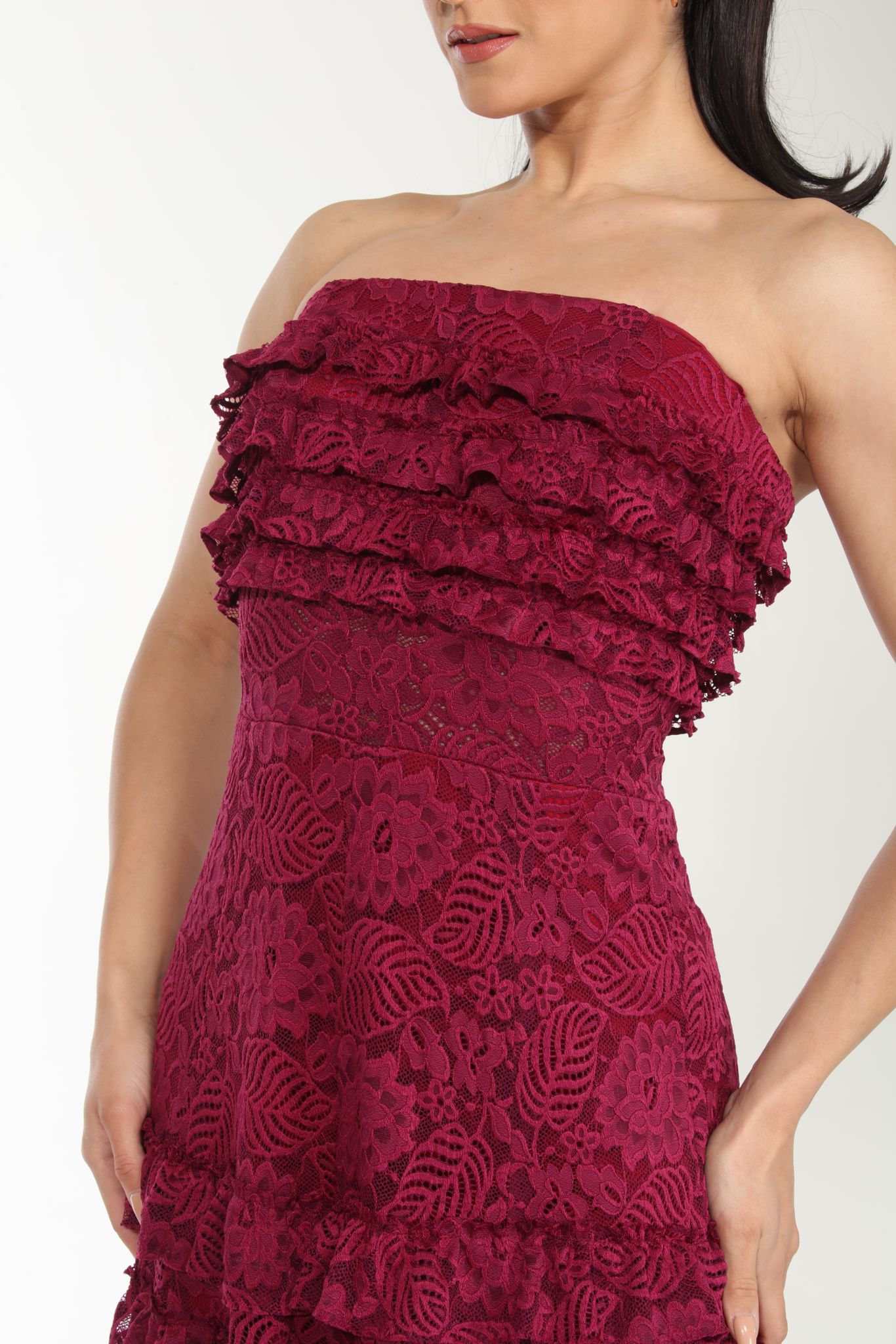 Make a toast strapless tiered long lace dress