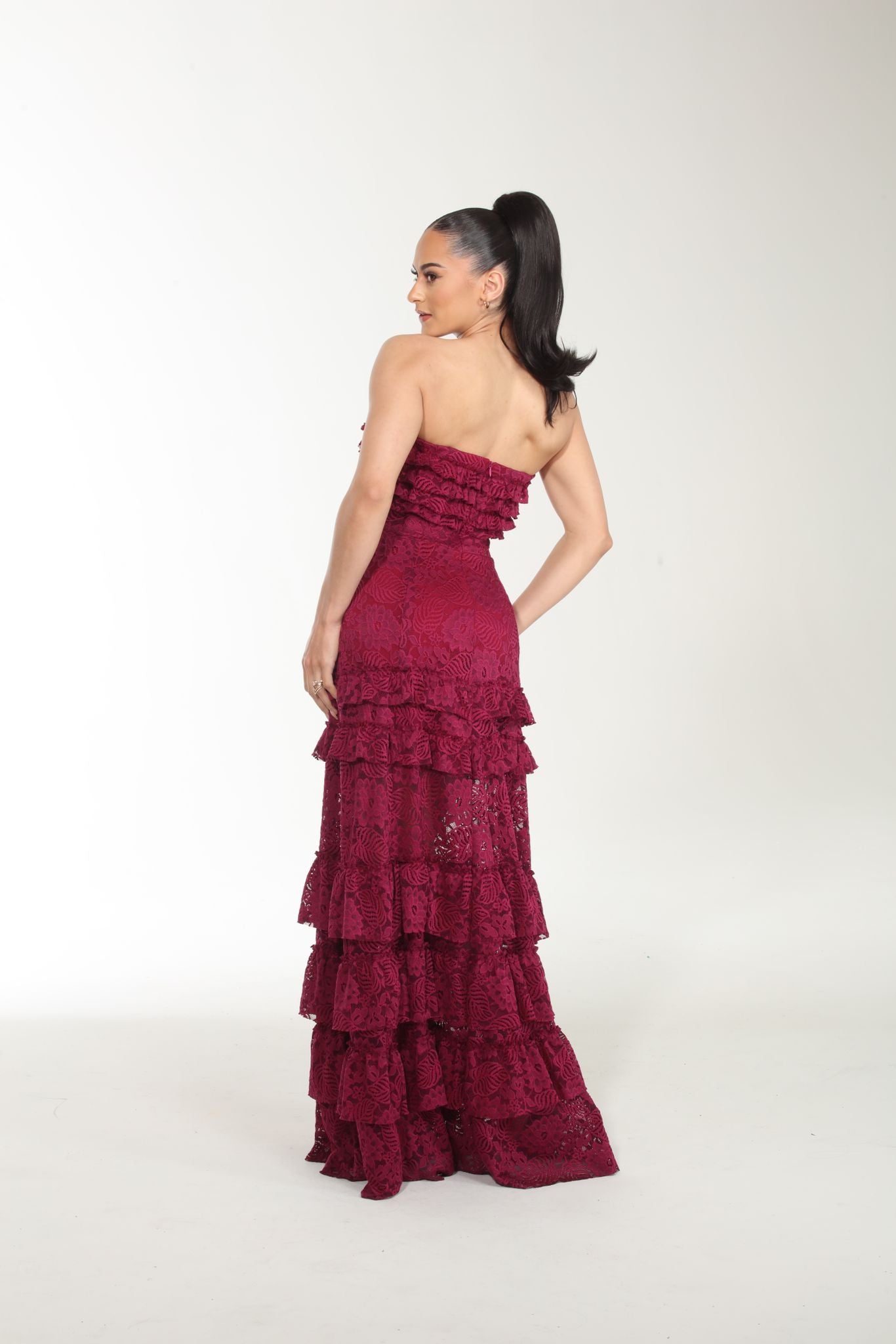 Make a toast strapless tiered long lace dress