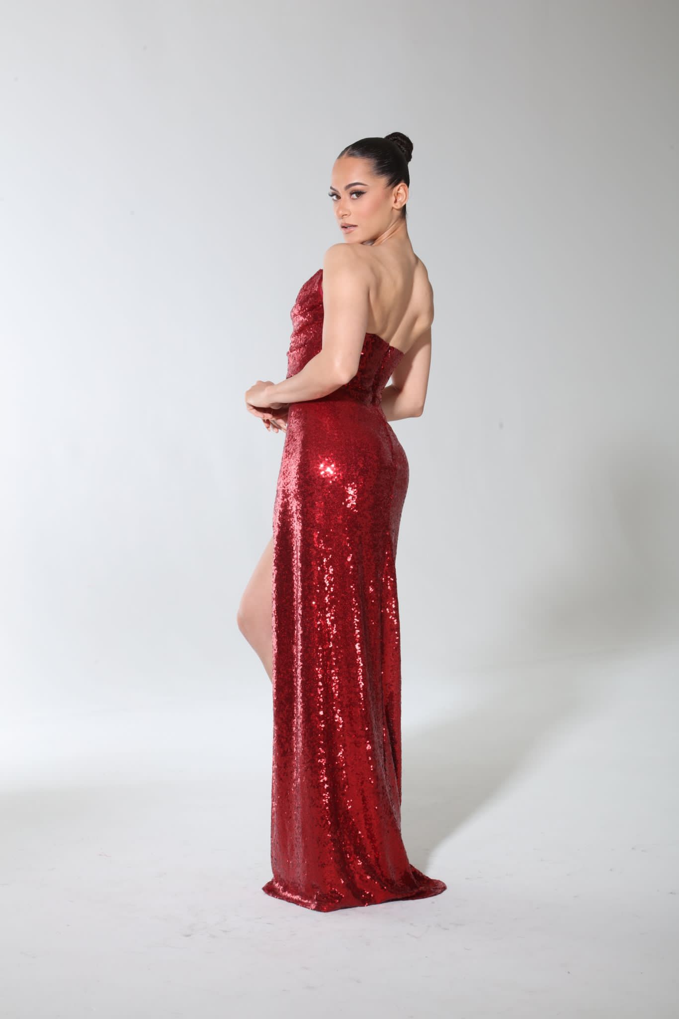 Strapless sequin heart shape cowl drape bodice high side slit dress MEDIUM / RED