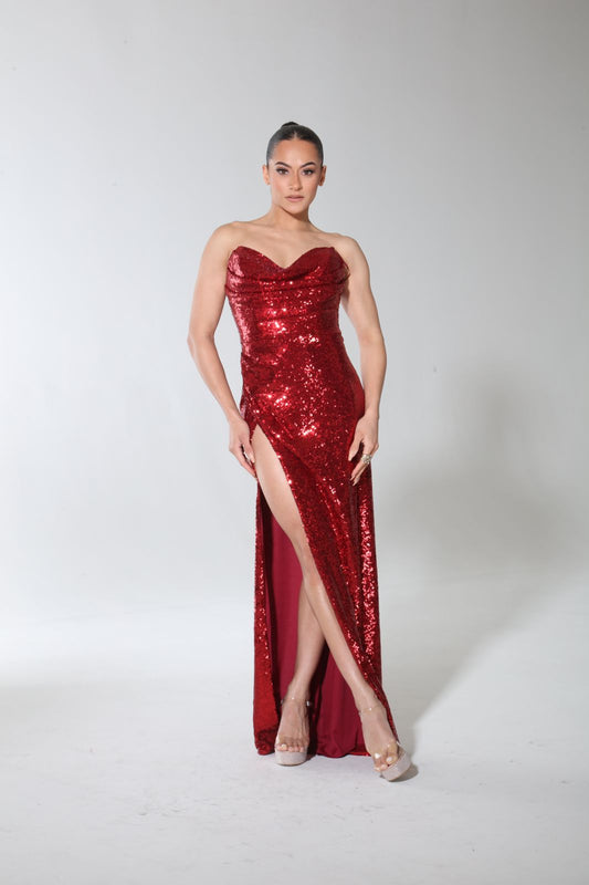 Lady In Red strapless heart shape sequin cowl drape long slit dress