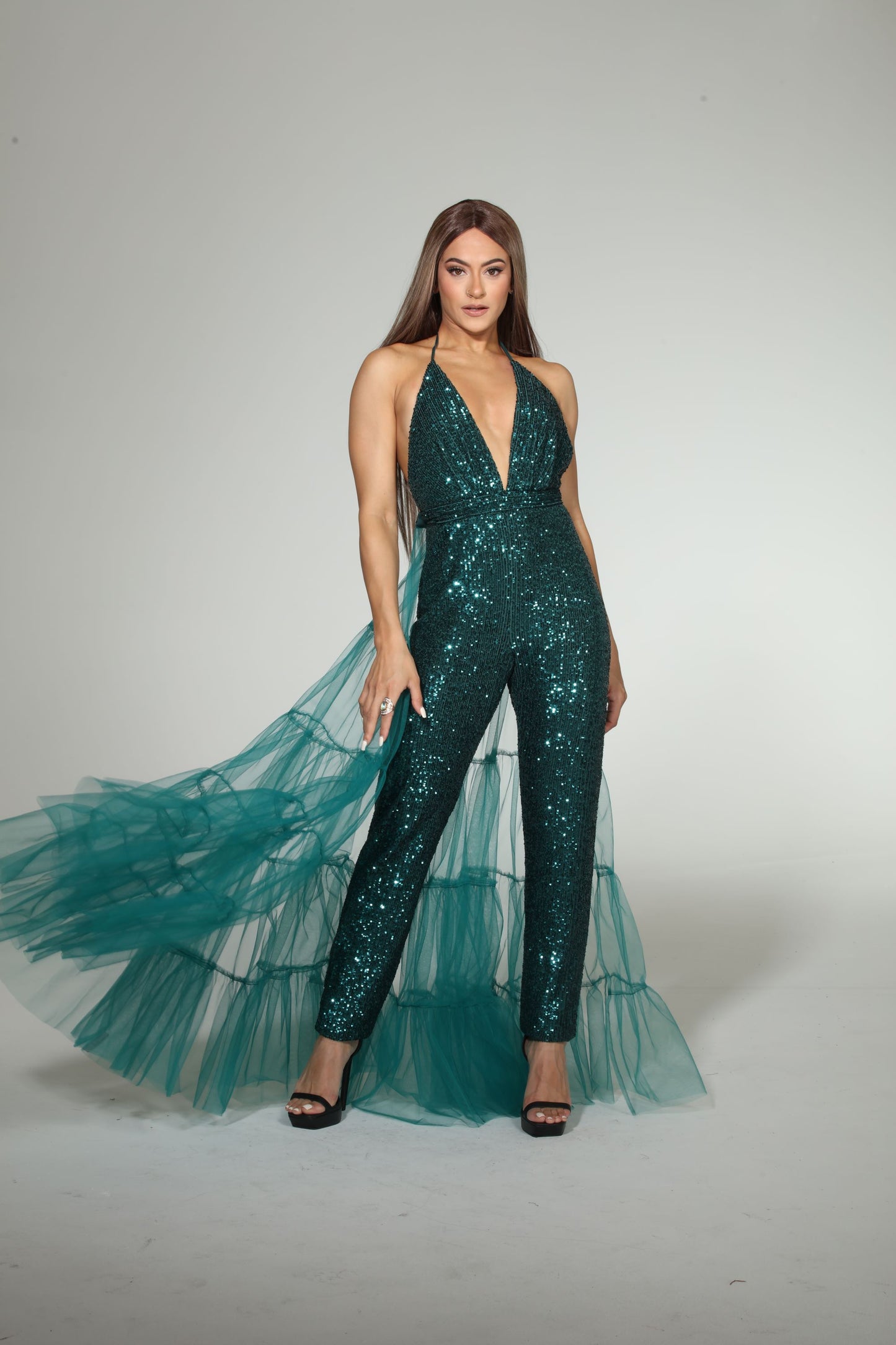 Iconic Elegance sequin bodycon jumpsuit with detachable tulle tiered train