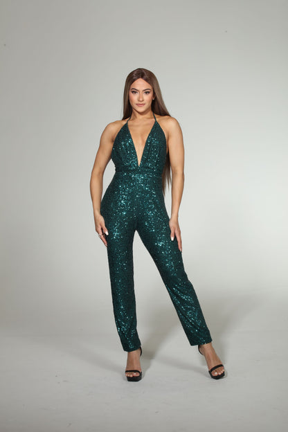 Iconic Elegance sequin bodycon jumpsuit with detachable tulle tiered train
