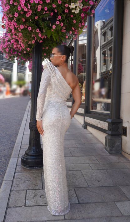 Alluring one shoulder sequin slit gown