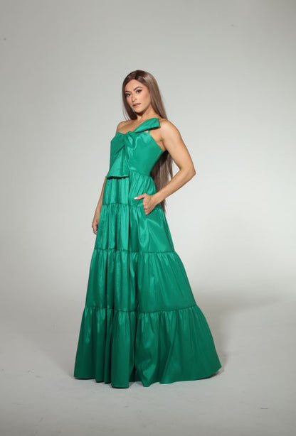 *Pre-Order Linda one shoulder bow taffeta maxi dress with pockets