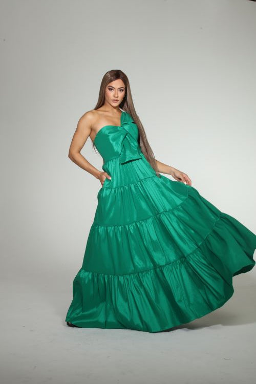 *Pre-Order Linda one shoulder bow taffeta maxi dress with pockets