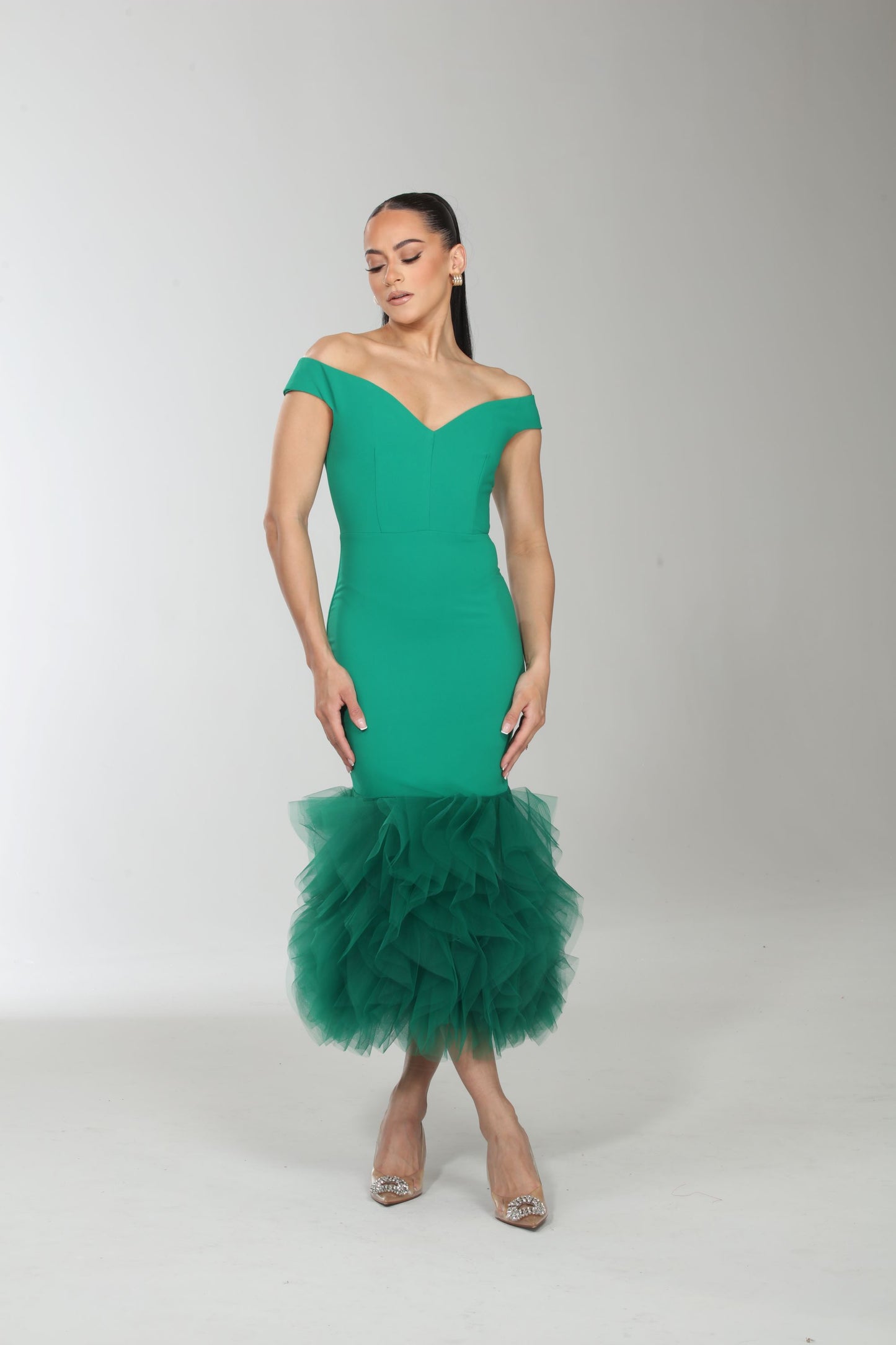 Chloe off shoulder scuba fitted tulle contrast midi dress Rubber Ducky Chloe off shoulder scuba fitted tulle contrast midi dress Rubber Ducky