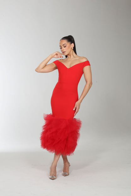 Chloe off shoulder scuba fitted tulle contrast midi dress