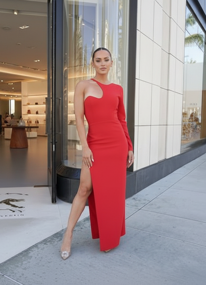 Asymmetrical Perfection one sleeve crepe maxi side slit dress