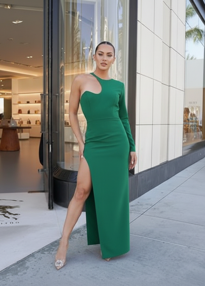 Asymmetrical Perfection one sleeve crepe maxi side slit dress