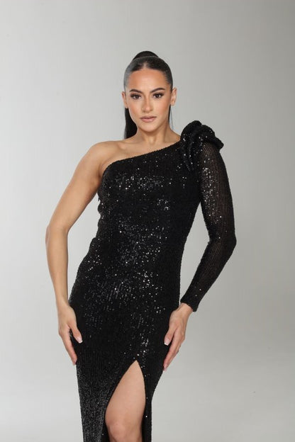 Alluring one shoulder sequin slit gown