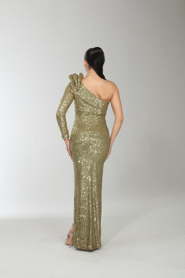 Alluring one shoulder sequin slit gown