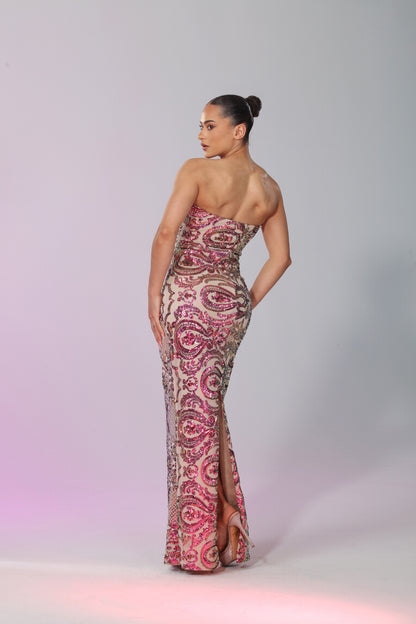 *Pre-Order Strapless sequin pattern long dress with back slit and detachable bow train taffeta belt