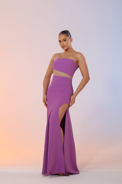 Rubber Ducky Elle strapless scuba and mesh cut out long dress with side slit