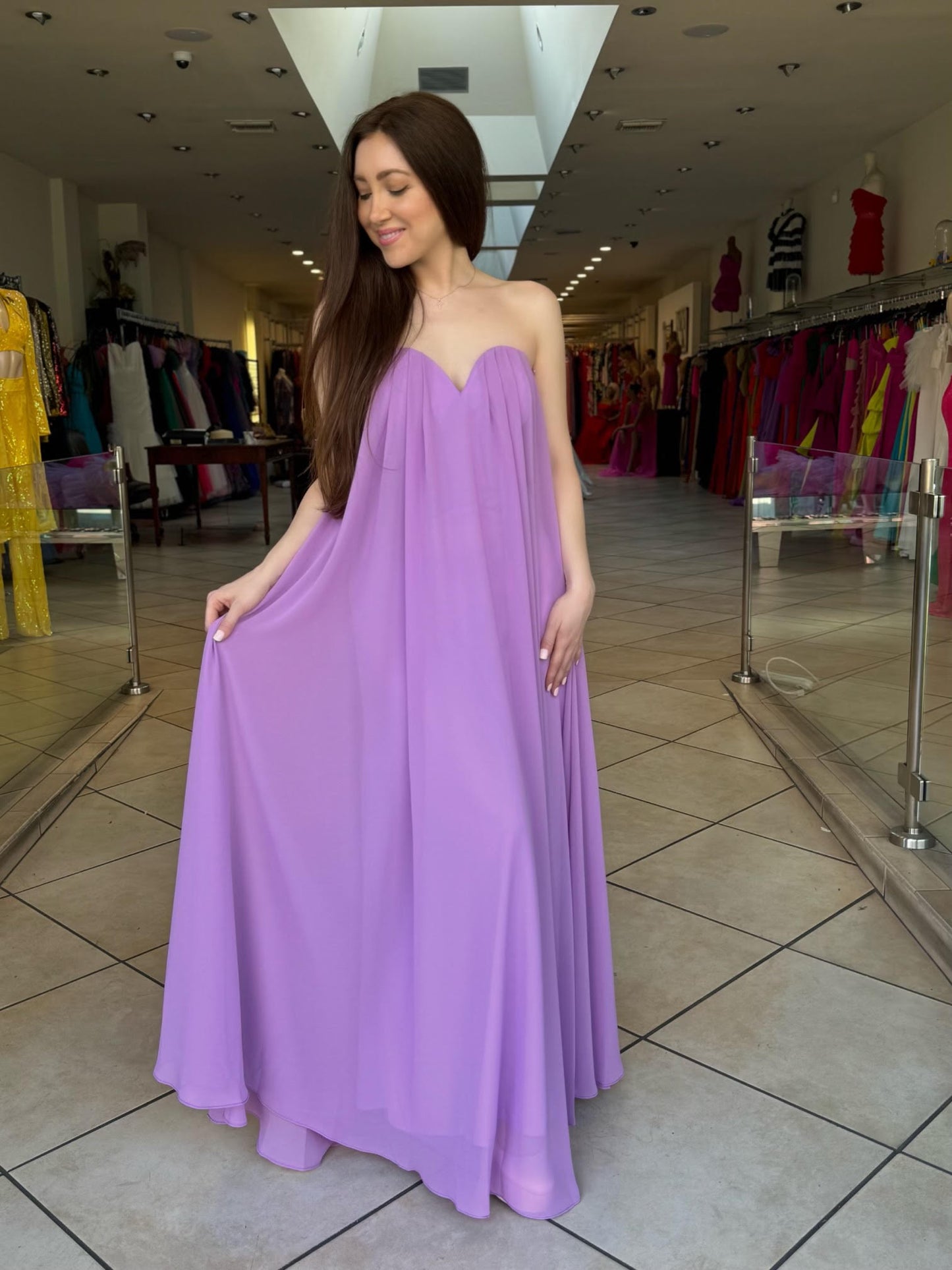 Mila strapless sweetheart neon chiffon gown