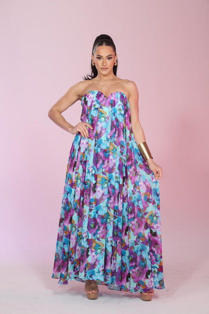 Mila strapless sweetheart floral chiffon gown