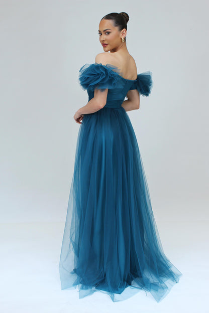 *Pre-Order All the allure off shoulder tulle gown with front side slit