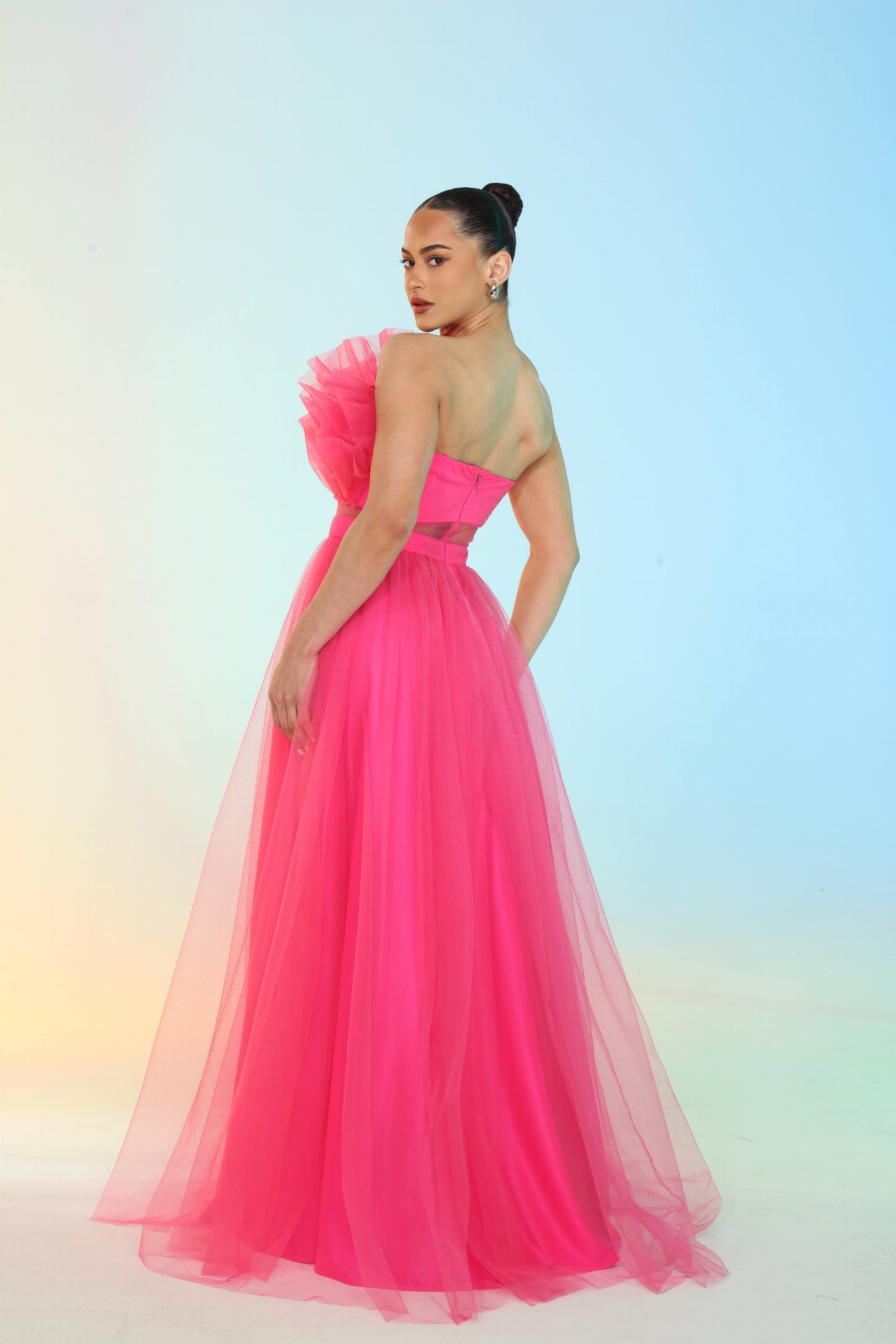 Strapless layered tulle asymmetrical bodice side slit gown