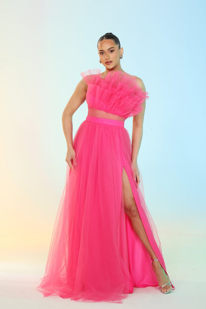 Strapless layered tulle asymmetrical bodice side slit gown