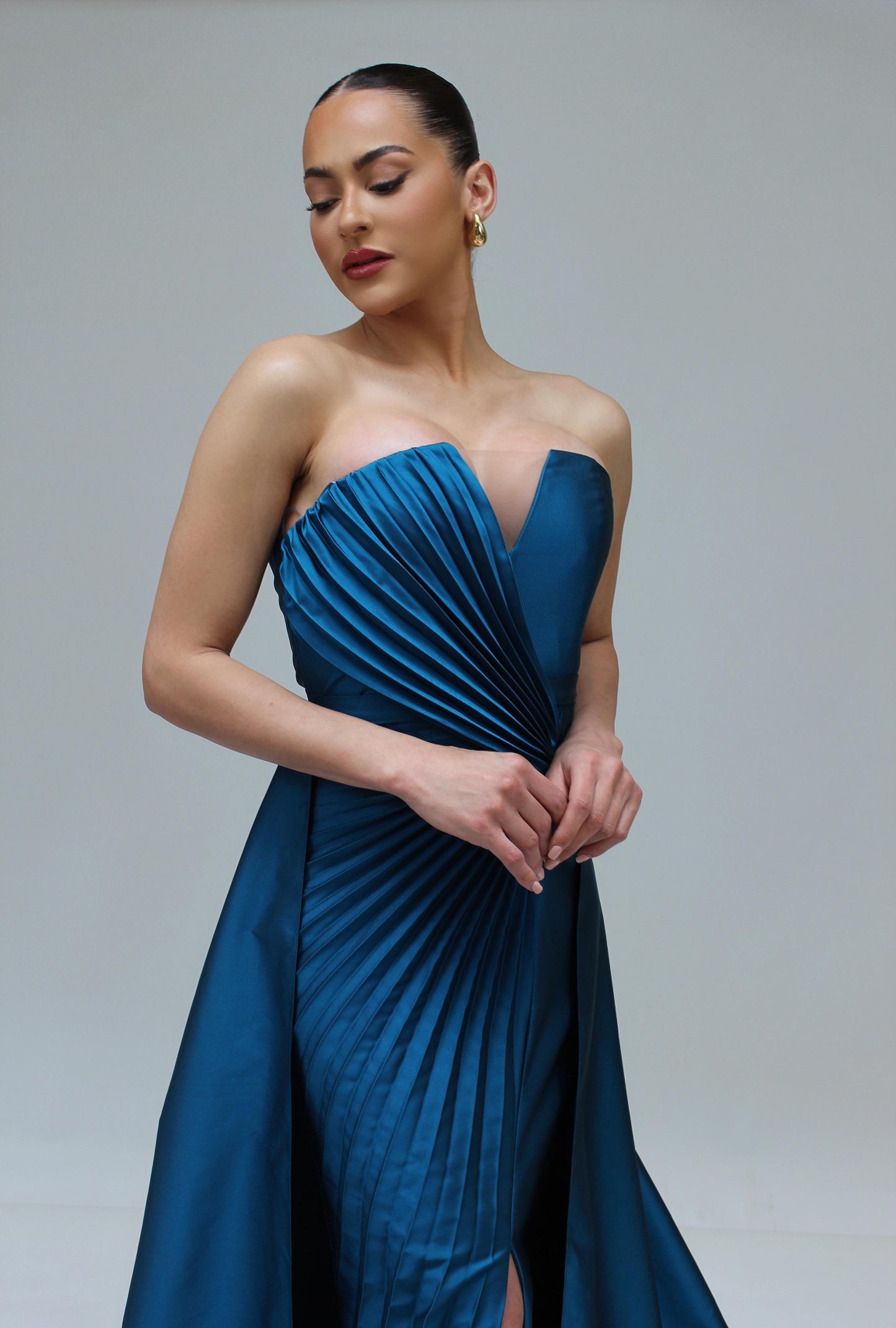 *Pre-Order Strapless cascading pleated fitted gown with detachable train
