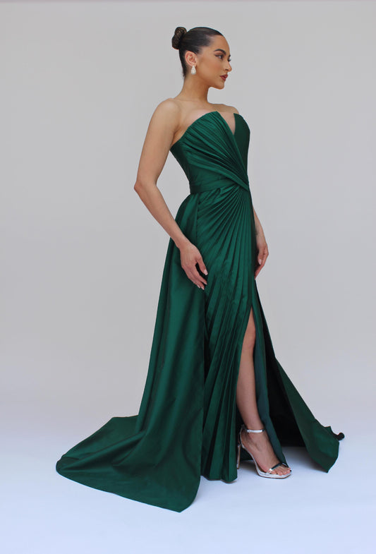 *Pre-Order Strapless cascading pleated fitted gown with detachable train