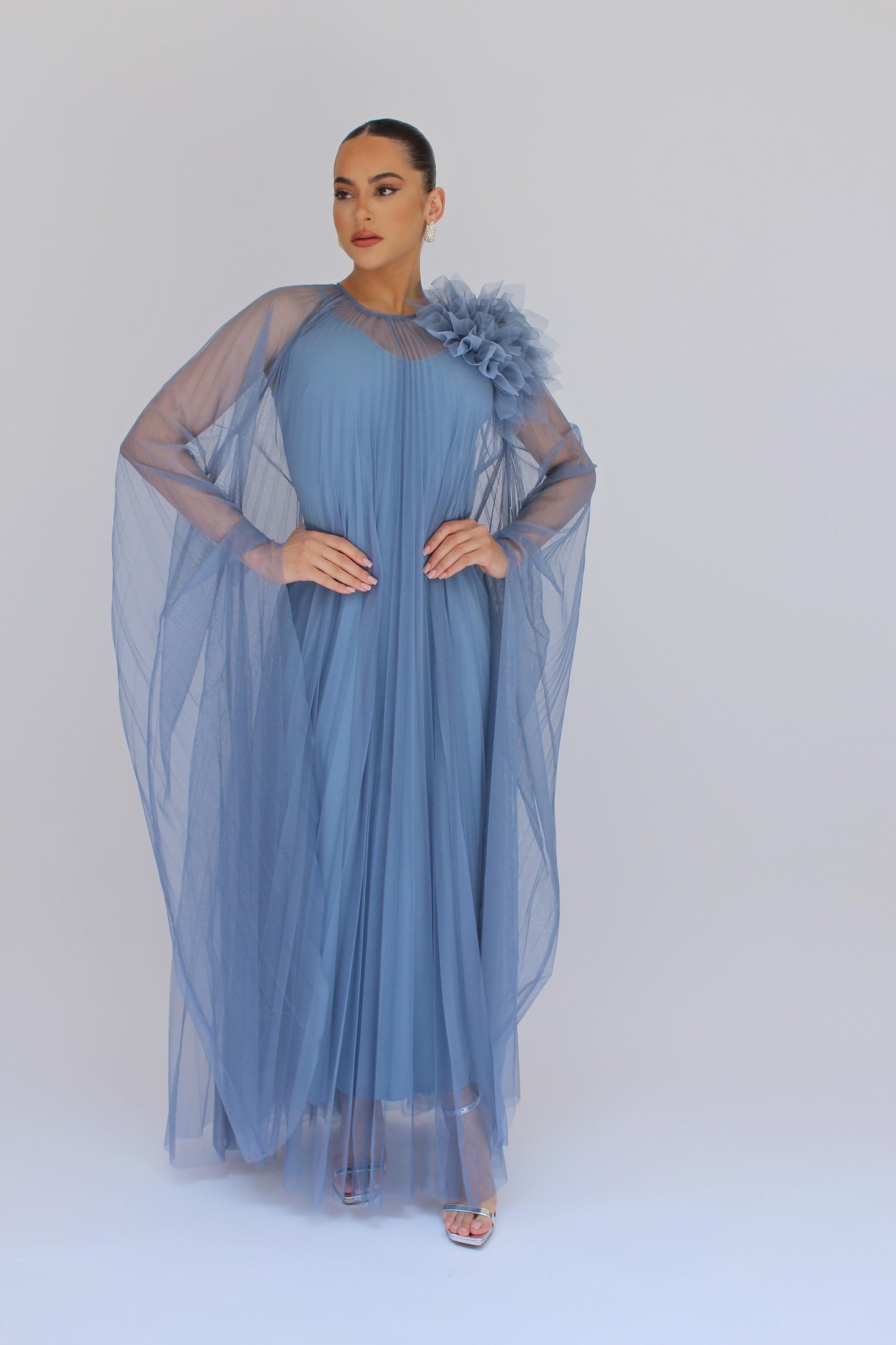 *Pre-Order Elegant event flower detail pleated tulle dress